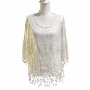 Chico’s White Lace Mesh Overlay Blouse Sz 0 S Small Boho Sheer Tunic Top
